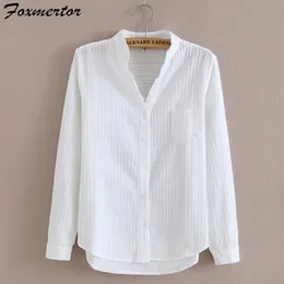 Foxmertor 100%면 셔츠 흰 블라우스 스프링 가을 블라우스 셔츠 여성 긴 소매 캐주얼 탑 솔리드 포켓 블루사 #66 240226