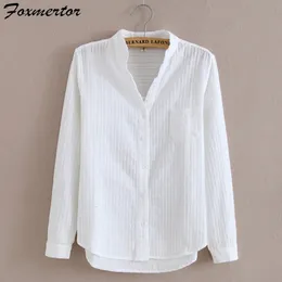 Foxmertor 100 % Baumwolle Hemd Weiße Bluse Frühling Herbst Blusen Shirts Frauen Langarm Casual Tops Solide Tasche Blusas #66 240226