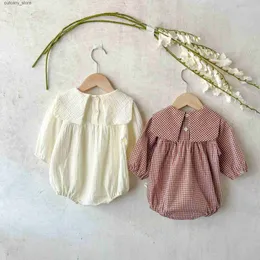 Jumpsuits Spring New Arrivel Baby Girls Long Sleeve Romper Children Light Yellow And Coffee Lattice Bodysuit Kids Summer Jumpsuit Clothes L240307