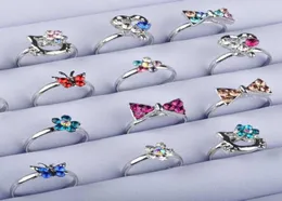 5pcs 믹스 로트 귀여운 크리스탈 모조 다이아몬드 어린이 어린이 조절 가능한 은색 반지 보석 선물 랜덤 스타일 보내기 Q07084586562