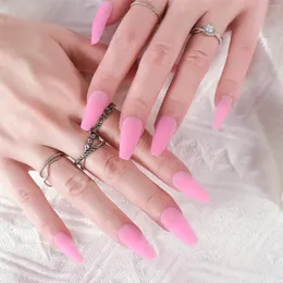 Falska naglar Medium Pure Pink Solid Color Fingernails Design Tryck på nagelips för utomhus Traval Datachable med verktyg