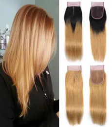 27 Honey Blonde Pure Color 1B27 Dark Root Blonde Ombre Color Natural Black Straight Closure Hair Brazilian Peruvian Malaysian H6307803