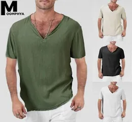 Moomphya roupas masculinas 2020 linho casual com decote em v manga curta camiseta masculina confortável estilo solto t camisa verão simples tshirt8052708