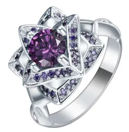 Fedi nuziali Anello in pietra viola Fiore Colore argento Promessa Gioielli di moda Regalo Grande principessa Zircone ceco Fidanzamento per le donne2107629