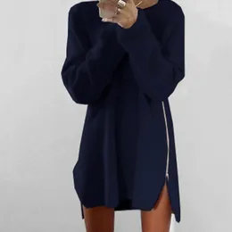 Women's Sweaters Side Zipper Women Dress Autumn Solid Color Long Sleeve Slit Loose Sweater Casual Elegant Mini Robe