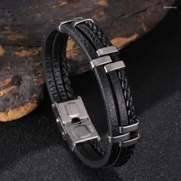 Charm Bracelets Fashion Black Three-Layer Stitching Stainless Steel Leather Bracelet Men Wrist Jewelry Male Bangle Friend Gift PS1220