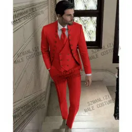 정장 Szmanlizi 남성 의상 남성 웨딩 슈트 2022 Terno Slim Fit Groomsmen Red 정식 신랑 남성 Tuxedo Blazer Prom Suits 3 조각