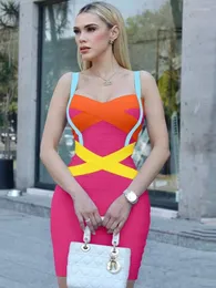 캐주얼 드레스 Beaukey Multi Luxury Sexy Criss Cross Bandage Dress 2024 Spring Contrast Binding Rose Pink Bodycon Strip Mini Club restido