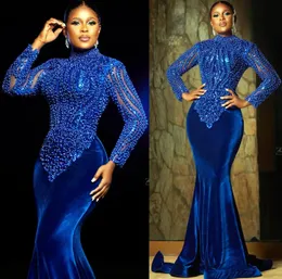 2024 ASO EBI Royal Blue Blue Blue Prom Dress Beaded Sloce Lace Invined Formal Party Second Recestent Birthday Engagement Gowns Robe De Soiree 322