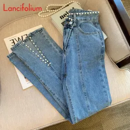 Jeans Pearl Denim Pants Spring Fall Slim Korean Kawaii Patchwork Split High Waist Wide Leg Y2k 90S Indie School Jeans Pants Women 2022