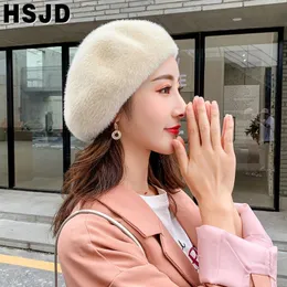Autumn Winter Women Berets French Classic Solid Color Plush Mink Cashmere Beret Hat Winter Warm Knitting Hats Female Walking Cap 22651