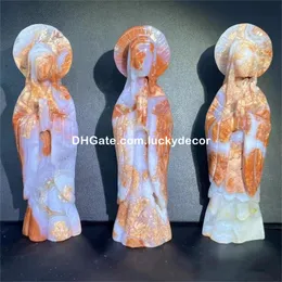 Druzy Pink Blue Crazy Lace Agate Carved Crystal Crystal 축복받은 어머니 입상 천연 멕시코 솜사탕 마리아 성장 마리아 핑크 꽃잎마다 마돈나 여신 Sculpture