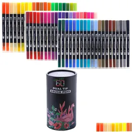 İşaretler Toptan 24/60 Colorurs Fineliner Uç Ding Markerlar Çift Art Marker Suluboya Fırça Yazı Kalemi Boyama Damla Teslimat Dhrm8