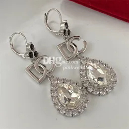 Luxury High Quality Drop Stud Hang Shiny Diamonds Earring Vintage Letter Sliver Earring Valentine Gift With Box