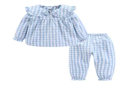 Mudkingdom Little Girls Pajamas Outfits Lovely Cotton Fall Plaid Ruffles Lace Anchor Sleepwear Y2007048829760