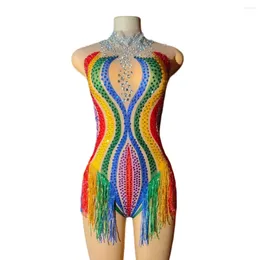 Stage Wear Fringe Rhinestone Sleeveless Bodysuits Women Cheerleader Homecoming Dance Costume Rainbow Color Multicolor Rave Festival