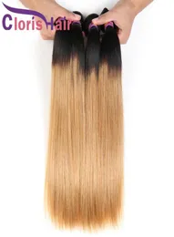 Ciemne korzenie miodowe blondynki proste włosy tkaczy Virgin Brazylijskie ludzkie włosy 3 Bundles Ombre 1B27 Blond Sew in Hair Exens6645375