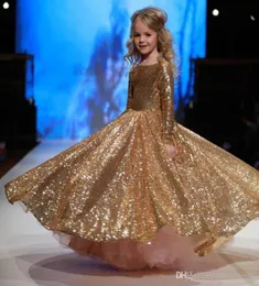 Blowly Gold Cequined Małki Flower Girl Dresses Jewel Neck Długie rękaw Dzieci Formalne noszenie dziewczynki w konkursie