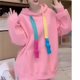 Sweatshirts Büyük boy 4xl Zayıflama Kadınlar Sonbahar ve Kış Yeni Renk Çizme Hoodie Ladies Uzun Kollu Sweatershirt Pink Spri