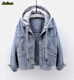 Smlinan Frühling Herbst Mit Kapuze Denim Jacke Frauen Fahion Einreiher Tasche Plus Größe Vintage Streetwear Jeans Mantel Weibliche CX2006909214