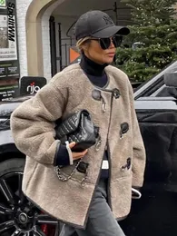 Casacos de trincheira femininos sólidos pele integrada cordeiro jaquetas de pelúcia mulheres o-pescoço engrossar botão de chifre 2024 outono inverno elegante senhora suave