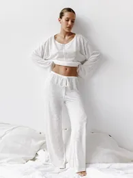 Hiloc transparente solto pijamas das mulheres roupas de casa em torno do pescoço conjunto de duas peças manga longa cordão casa terno para mulher conjuntos 240306