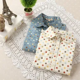 Koszule 2016 Fashion Polka Dot Bluzka Koszulki Długie rękawy Blusas bawełniany damski koszul