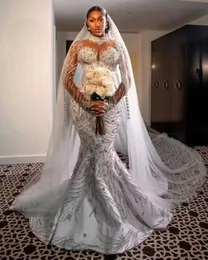 Modernes Meerjungfrau-Hochzeitskleid, glänzend, hoher O-Ausschnitt, lange Ärmel, Ballkleid, Übergröße, Sweep-Zug, Brautkleider, Kleid, Vestido de Novia, Größe, Farbe individuell