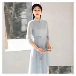 Ethnic Clothing Vintage Vietnam Traditional Ao Dai Dress Flower Print Chiffon Cheongsam Oriental Aodai Wedding Evening Drop Delivery Dhksn