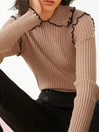 Kvinnors tröjor Kvinnor frillade Ribbed Trim Collar Sweater 2024 Early Spring Ladies Basic Versatile Knitwear Kvinnliga fasta färgtoppar