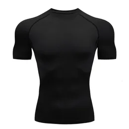 Camisa de manga curta preta comprimida dos homens proteção solar longa camiseta segunda pele treino de fitness secagem rápida roupas esportivas 240306