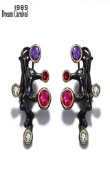 Dreamcarnival 1989 Gothic Design Long Stude Earring Purple Czerwony CZ Stone Vintage czarny kolor Mujeres Pendientes Brincos E07 2106161317576