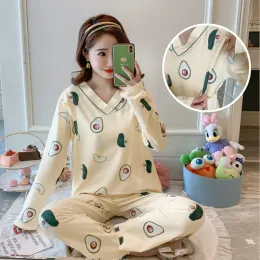 Capris Sleep Pajamas For Pregnant Women Cotton Breastfeeding Sleepwear Maternity Clothes Woman Long Sleeve 2Pcs Top+Pants Nursing Pjs