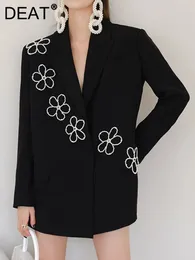 DEAT Fashion Damen-Blazer, gekerbter Kragen, lose bestickte Schlaghosen, Blumen-Perlen, schwarze Anzugjacken, Frühling 2024, 17A5298 240306