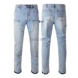 Mäns jeans Lossa rakt multi-fickiga jeans high street vintage verktyg timmerjack byxor ljusblå byxor 240308