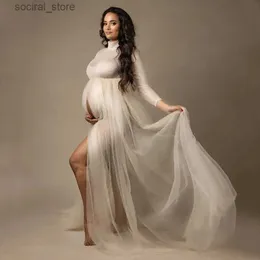 Moderskapsklänningar High Neck Stretchy Mesh Maternity Photography Tulle Dress Full Sleeve See Through Through Pregnancy Mesh Maxi Dress for Photoshoot L240308