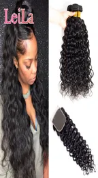 Mongolian 4X4 Lace Closure With 3 Bundles Water Wave Human Hair Extenisons 95100gpiece Water Wave Hair Wefts With Closure Baby H8837091