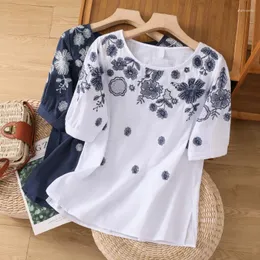 女性用TシャツコットンリネンTシャツ女性2024年夏の夏のゆるいティーショートスリーブフローラルトップチャイニーズスタイルOネック服