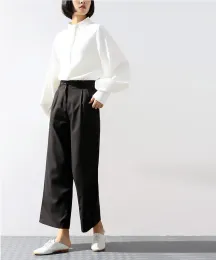 T-shirt Camicie con maniche a lanterna Donna Top e camicette Streetwear Colletto alla coreana Abiti con bottoni Donna Autunno Blusas Mujer De Moda Bianco