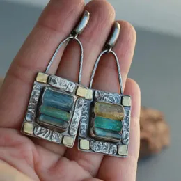 Ancient Tribal Green Blue Crystal Earrings Square Zircon Geometric with Worn Color 240305