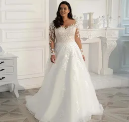 Plus Size Wedding Dress Elegant Long Sleeves Lace Bride Dress 2024 Tulle Applique Sweep Train A-Line robe de mariee Bridal Gowns 0308