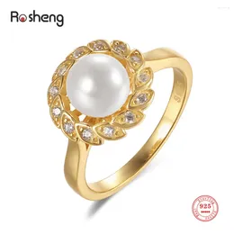 Cluster Rings Women's 925 Silver Zircon Flower Twist Big Pearl Finger Fine Jewelry Luxury Engagement Wedding Presents