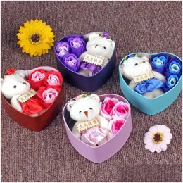 Animali di peluche ripieni 3 pezzi / set Sapone profumato Fiori di rosa con 1 simpatico orso Perd Scatola di ferro San Valentino Decorazione della festa nuziale Regali B Dho2X