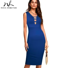 Dress NiceForever Summer Women Chic Solid Color Sexy Hollow out Dresses Party Vintage Bodycon Slim Tight Dress btyB04