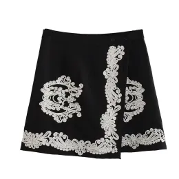 Skirt Embroidered Black Mini Skirt Women Elegant Vintage Highwaist Short Skirt Chic Lady Female Clothing 2023 New