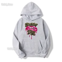 Sweatshirts kırmızı dudaklar doğum günü damla grafik baskı şapkası kapüşonlu kadınlar giyim damla ekibi sweatshirt femme moda