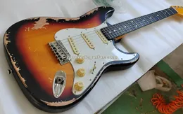 Ship Fast Chili Peppers John Frusciante 3 Tone Sunburst Relic Electric Guitar Rosewood Fingerboard Dot Inlay Cream Pickgaurd Konbs SSS Pickups