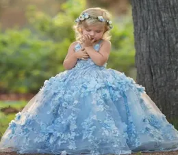 Платье для причастия с 3D цветочной аппликацией, милое платье с v-образным вырезом и перекрестными бретелями, платье с открытой спиной для девочек-цветочниц, пышное бальное платье из тюля на день рождения для девочек Pag9532356