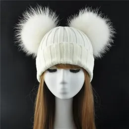 Winter echter Pelzkugel Beanie Hut für Frauen Damen flauschiger Doppel natürlicher Waschbär Fell Pom Schädel Beanie Hut mit 2 Pompom247e