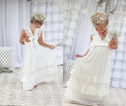 로맨틱 2020 새로운 도착 Boho Flower Girl Dresses Wedding Cheap v Neck Chiffon 레이스 계층 형식 어린이 웨딩 드레스 사용자 정의 M9132582